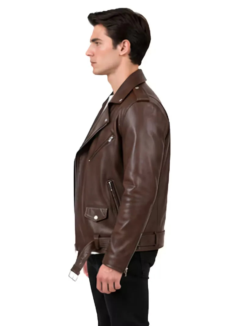 Men's black sheepskin leather biker jacket, pocket detail
