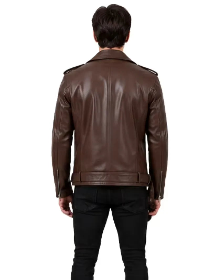 Men's black sheepskin leather biker jacket, cuff detail