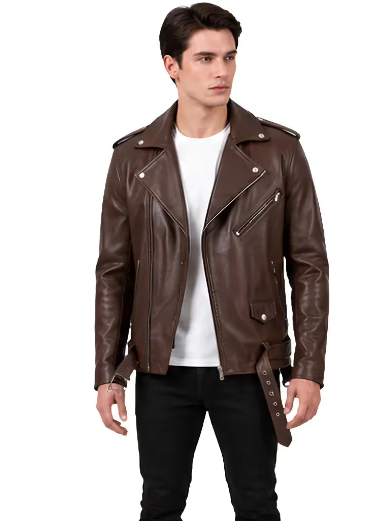 Men's black sheepskin leather biker jacket, zip and closure detail