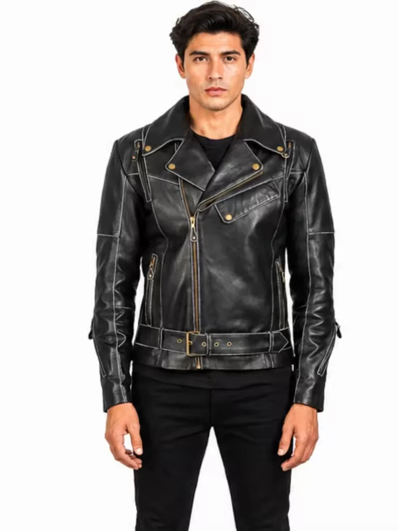 Men's black sheepskin leather biker jacket, front view