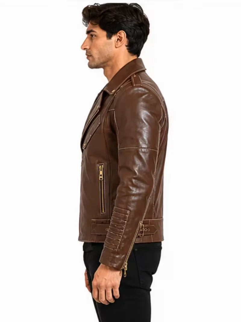 Men's black sheepskin leather biker jacket, lining detail