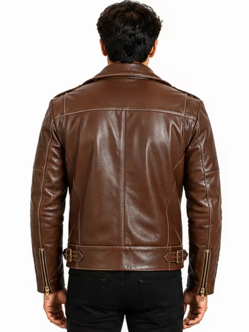 Men's black sheepskin leather biker jacket, cuff detail