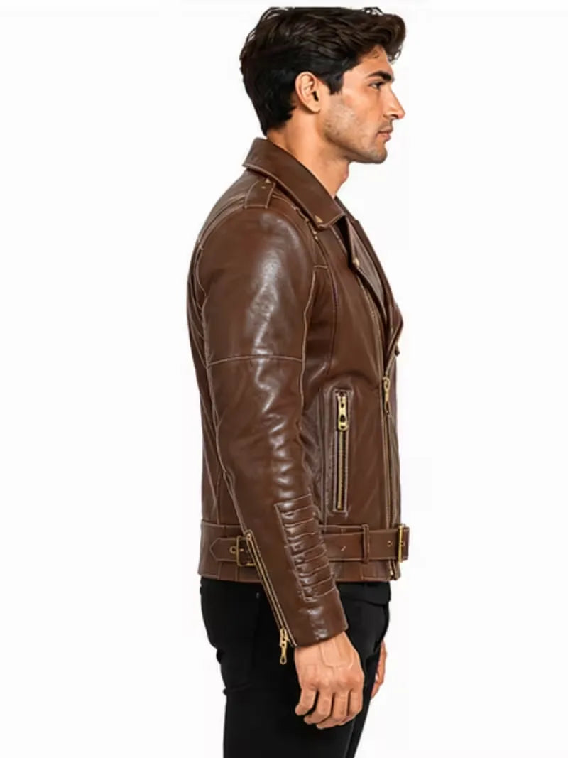Men's black sheepskin leather biker jacket, pocket detail