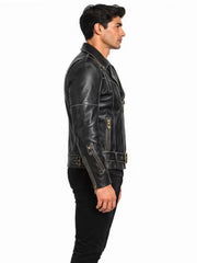 Men's black sheepskin leather biker jacket, side view