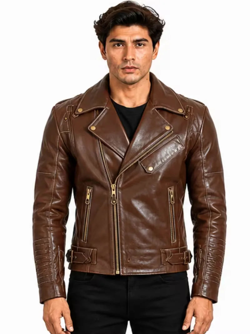 Men's black sheepskin leather biker jacket, zip and closure detail
