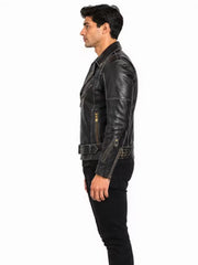 Men's black sheepskin leather biker jacket, collar detail