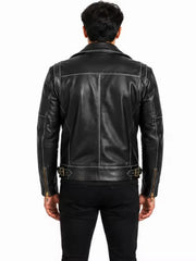 Men's black sheepskin leather biker jacket, back view