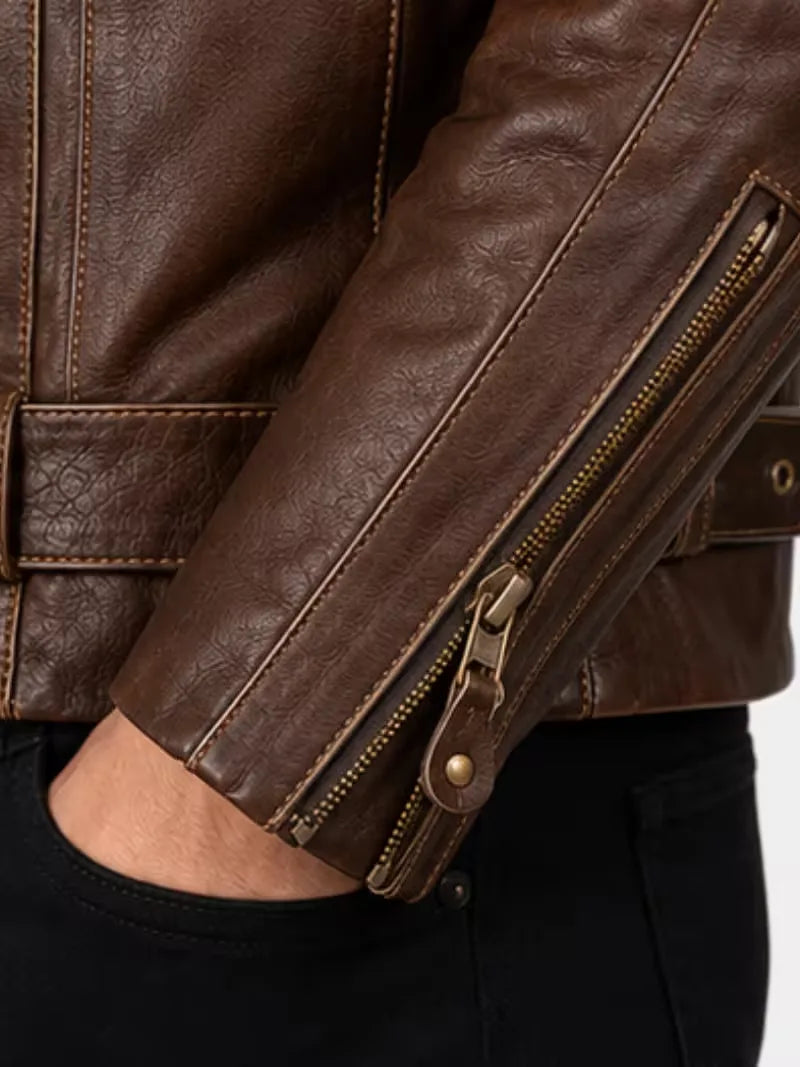 Men's black sheepskin leather biker jacket, cuff detail