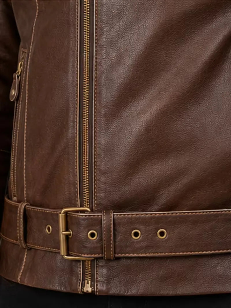 Men's black sheepskin leather biker jacket, zip and closure detail