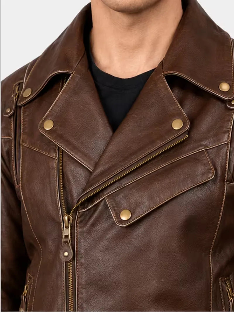 Men's black sheepskin leather biker jacket, collar detail