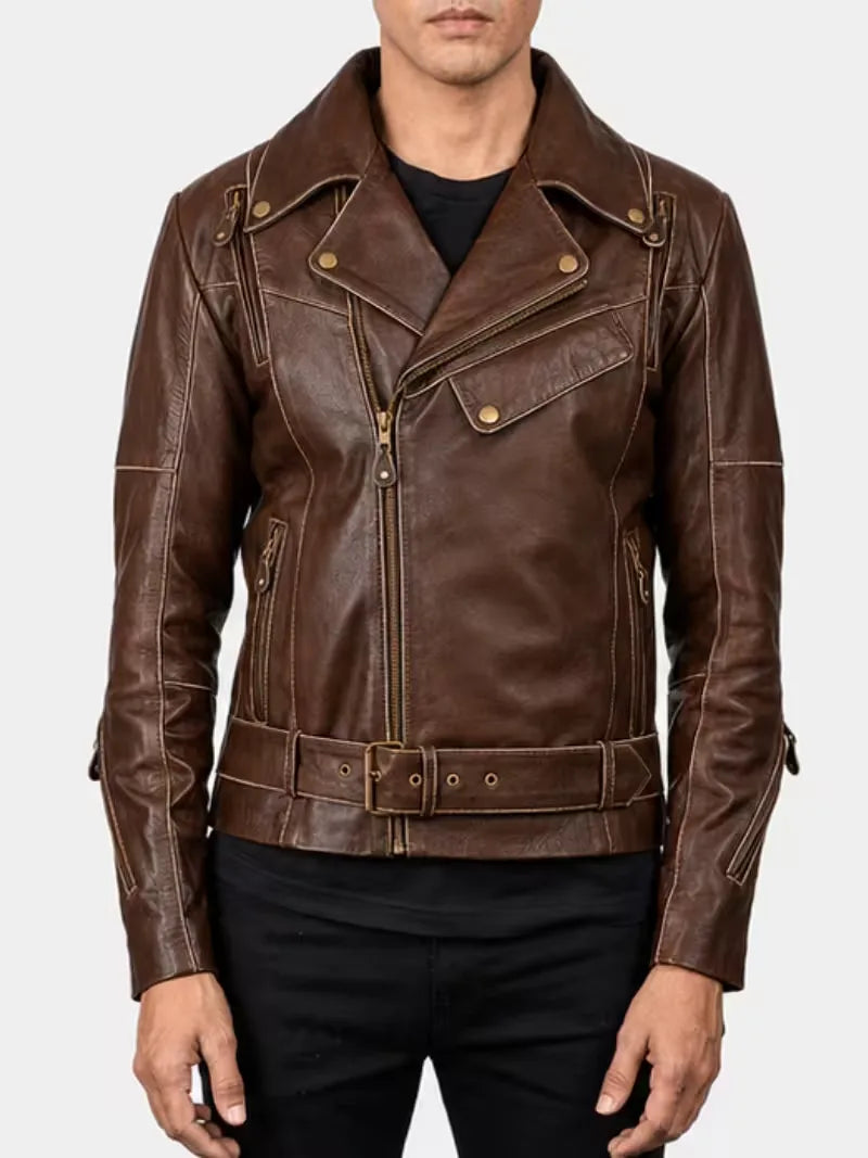 Men's black sheepskin leather biker jacket, side view