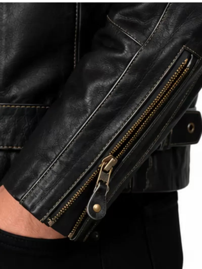 Men's black sheepskin leather biker jacket, back view