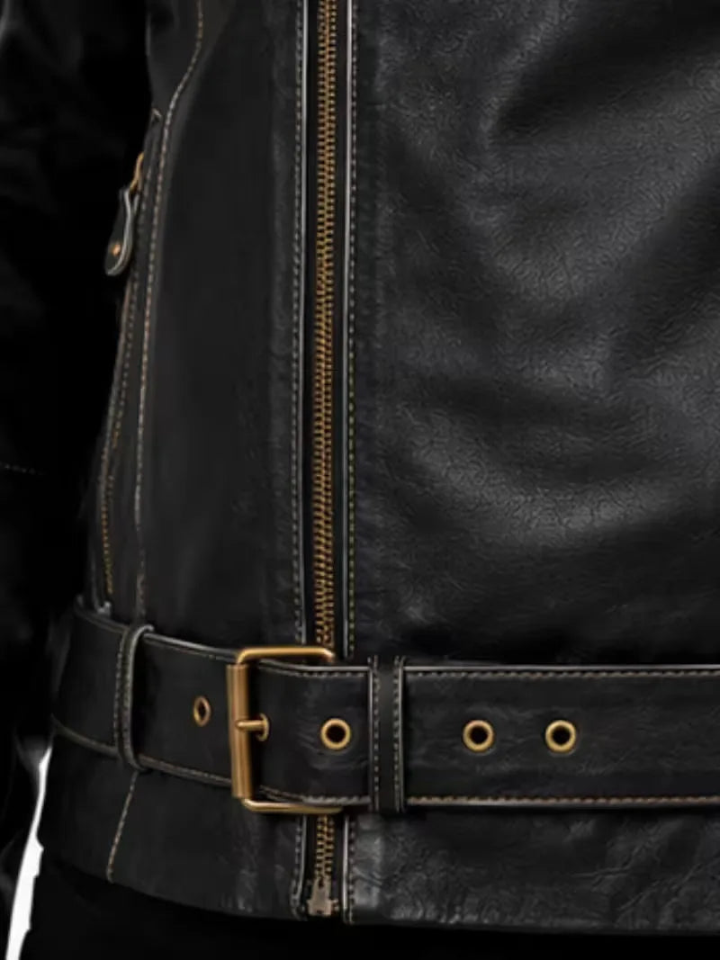 Men's black sheepskin leather biker jacket, front view