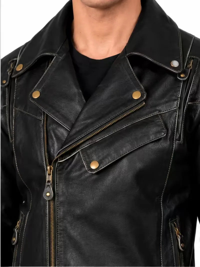 Men's black sheepskin leather biker jacket, worn on model
