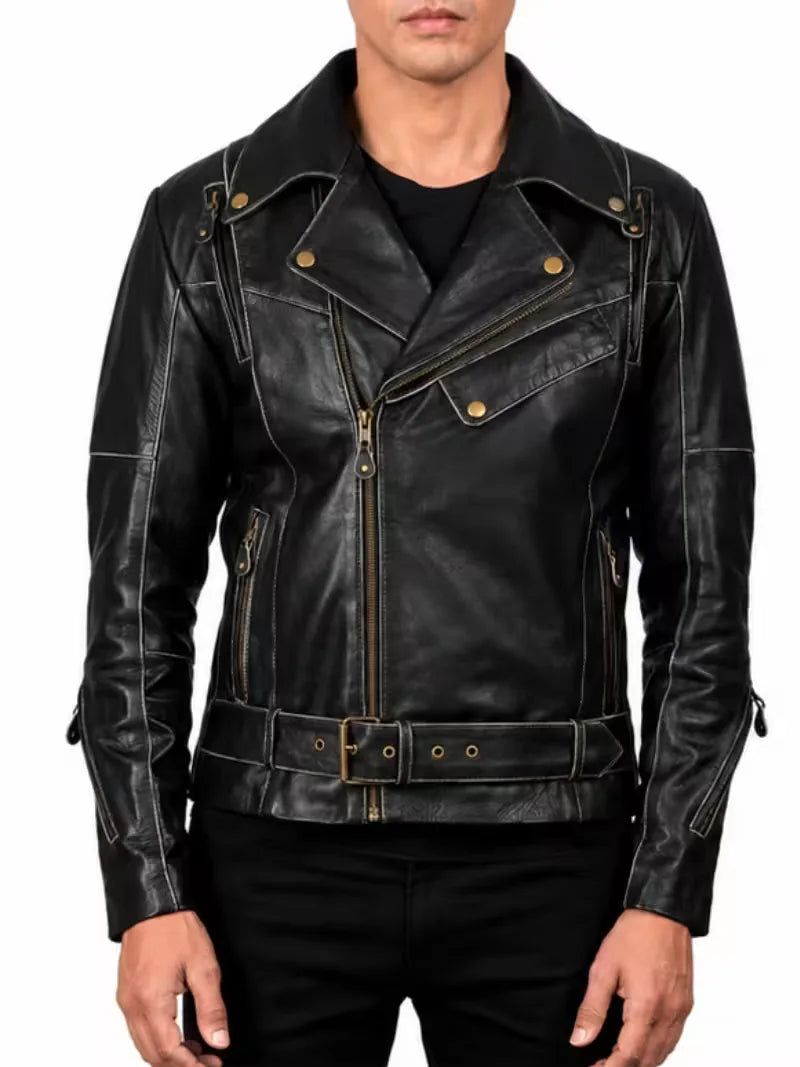 Men's black sheepskin leather biker jacket, full length