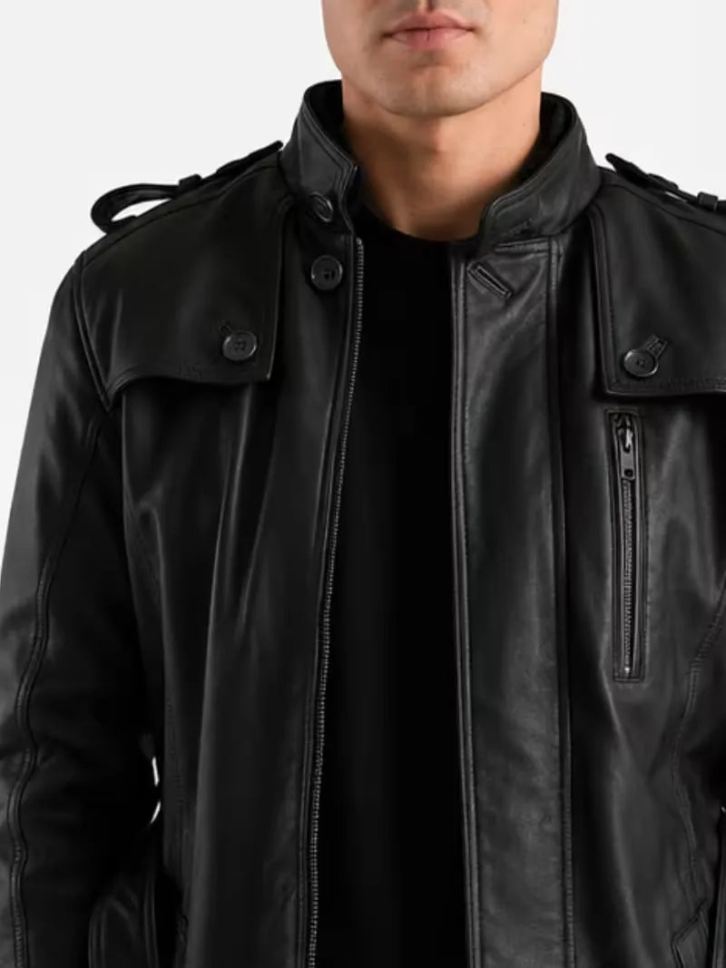 Men's black sheepskin leather jacket, front view