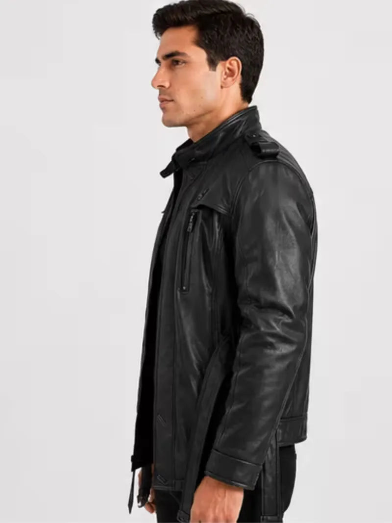 Men's black sheepskin leather jacket, side view
