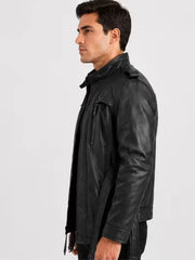 Men's black sheepskin leather jacket, side view