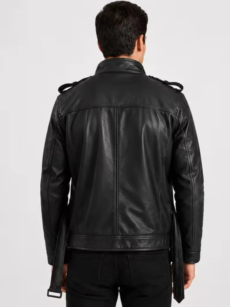 Men's black sheepskin leather jacket, back view