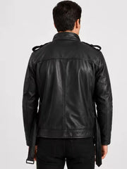 Men's black sheepskin leather jacket, back view