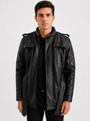 Men's black sheepskin leather jacket, front view