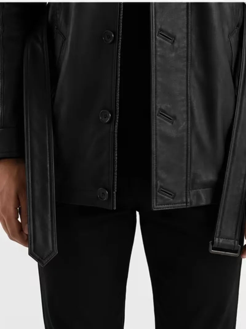 Men's black sheepskin leather jacket, side view
