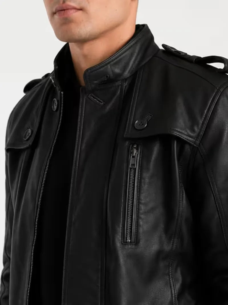 Men's black sheepskin leather jacket, back view