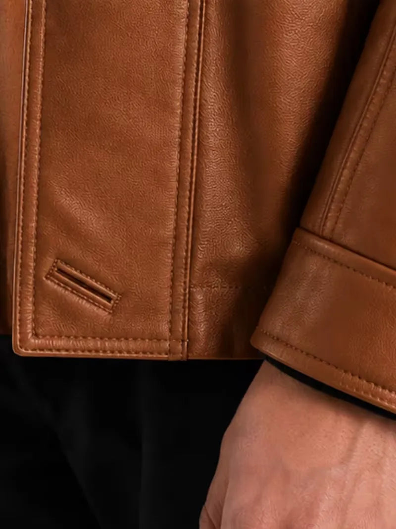 Men's black sheepskin leather jacket, worn on model