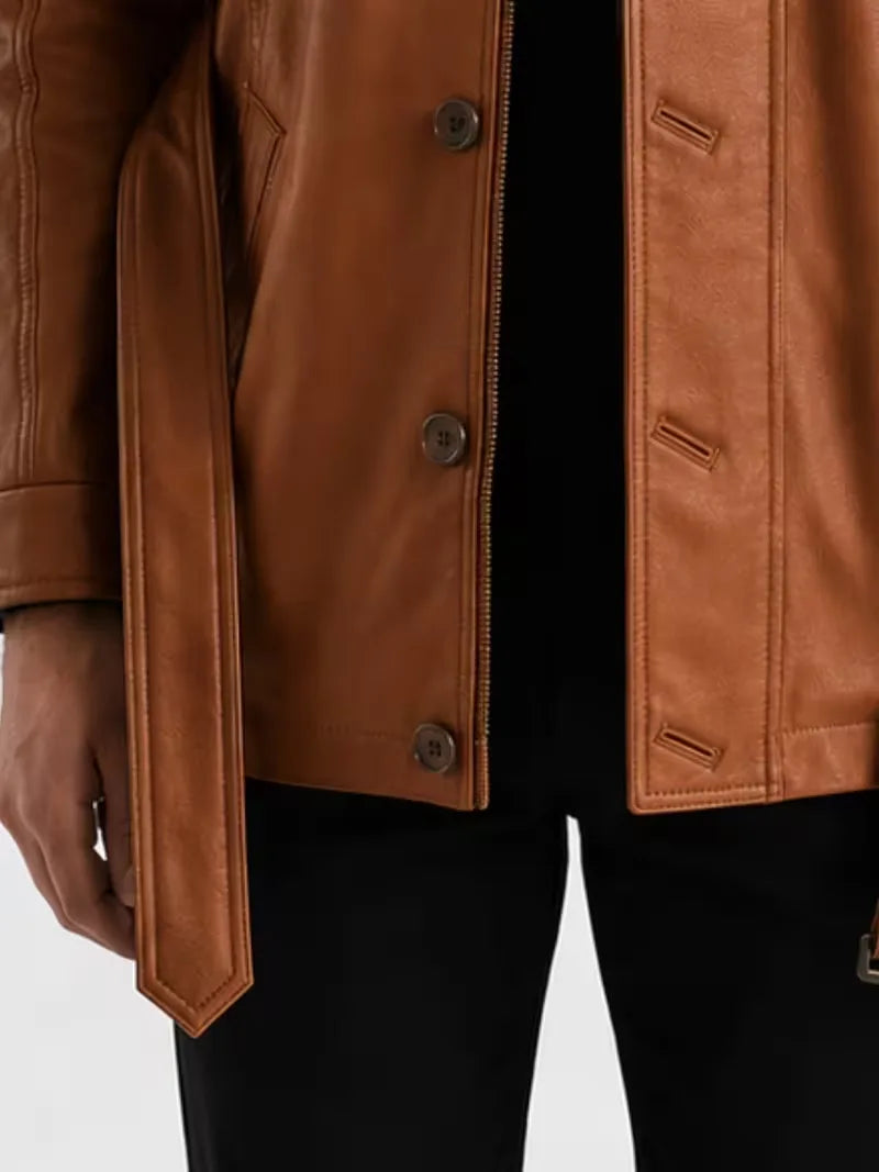 Men's black sheepskin leather jacket, full length