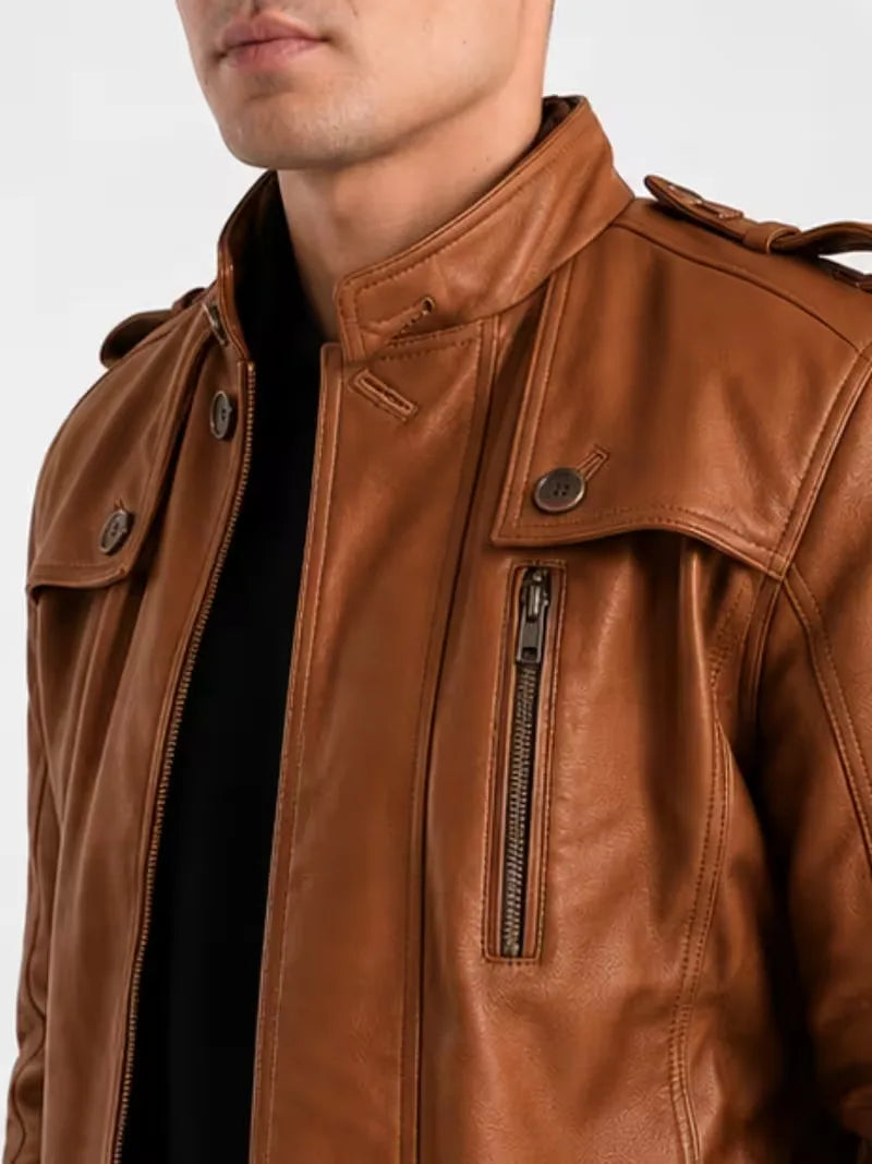 Men's black sheepskin leather jacket, lining detail