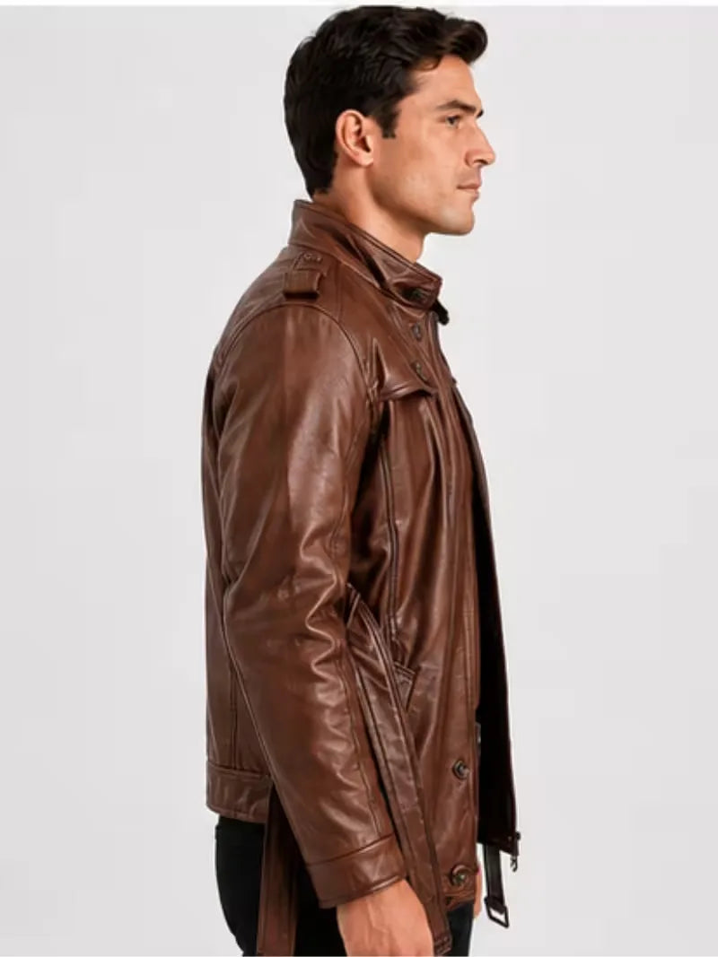 Men's black sheepskin leather jacket, pocket detail