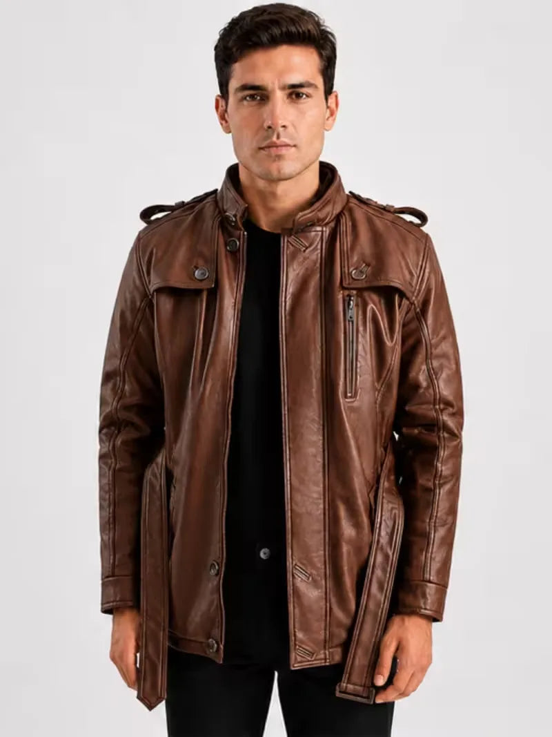 Men's black sheepskin leather jacket, zip and closure detail