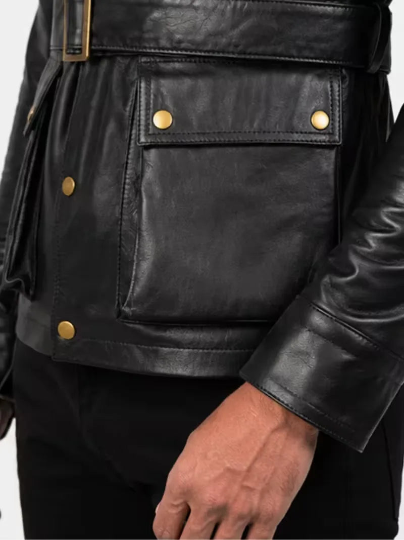 Men's black sheepskin leather jacket, cuff detail