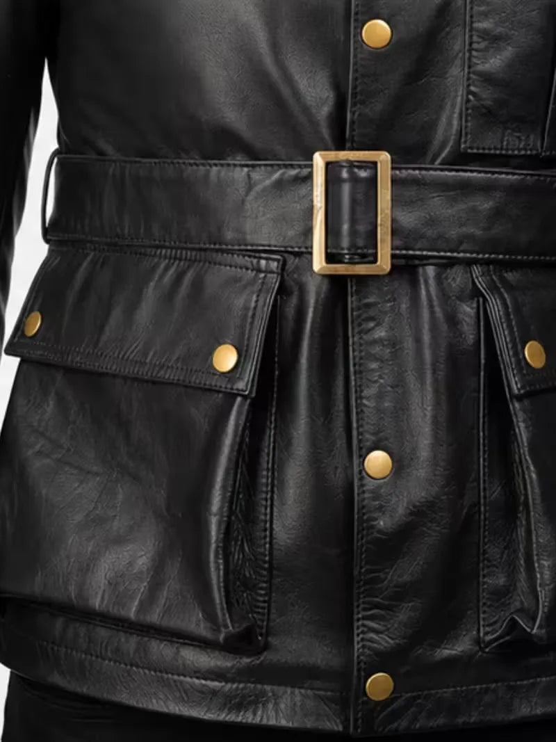 Men's black sheepskin leather jacket, zip and closure detail