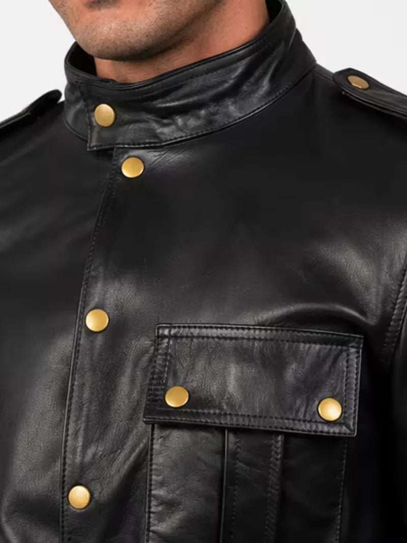 Men's black sheepskin leather jacket, collar detail