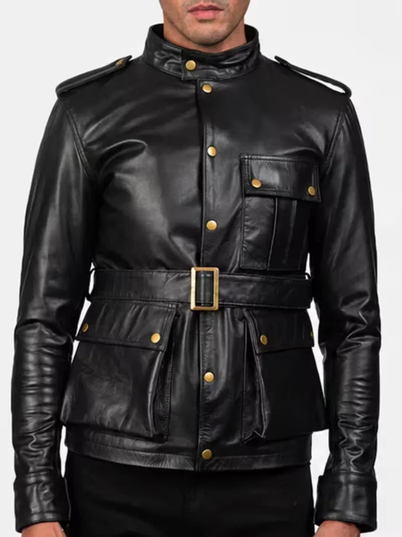 Men's black sheepskin leather jacket, side view