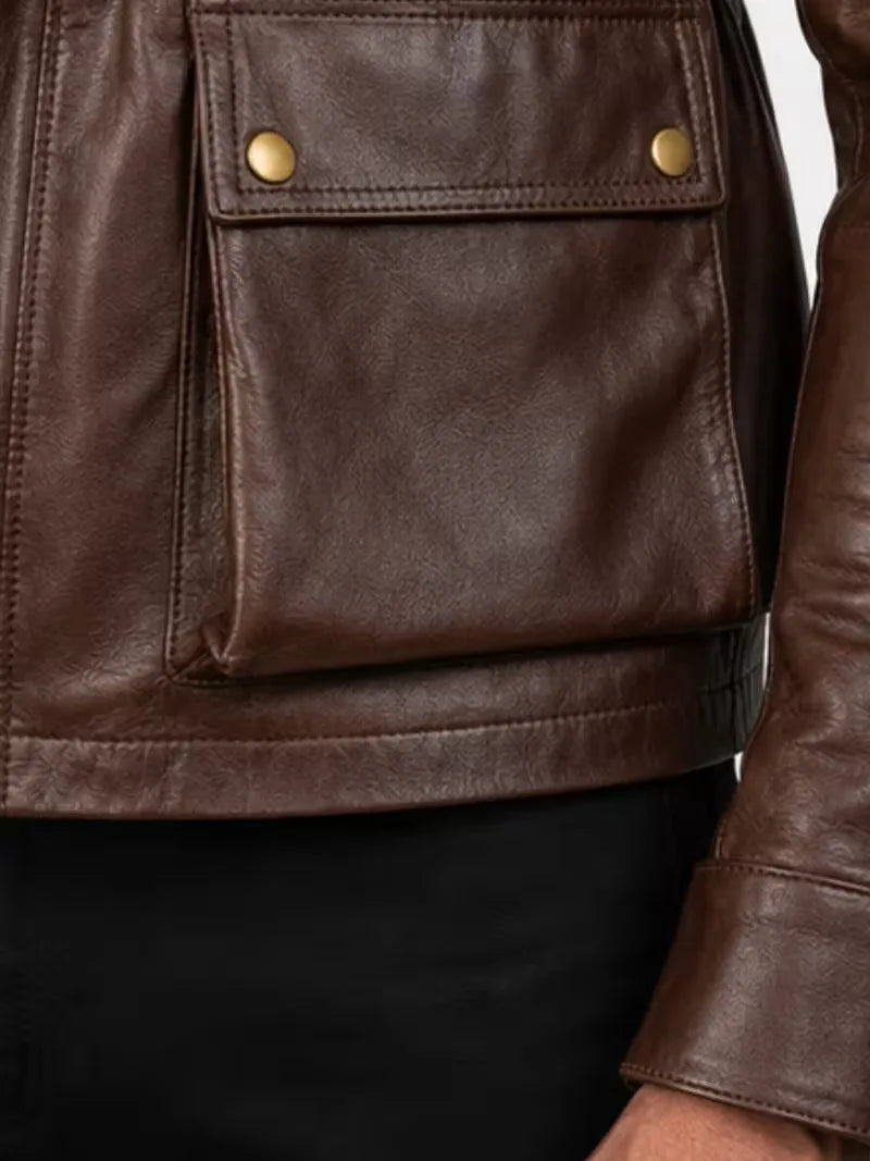 Men's black sheepskin leather jacket, back view