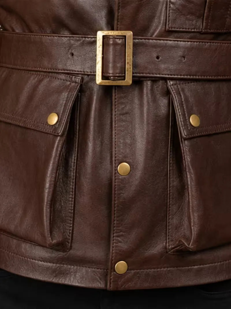 Men's black sheepskin leather jacket, front view