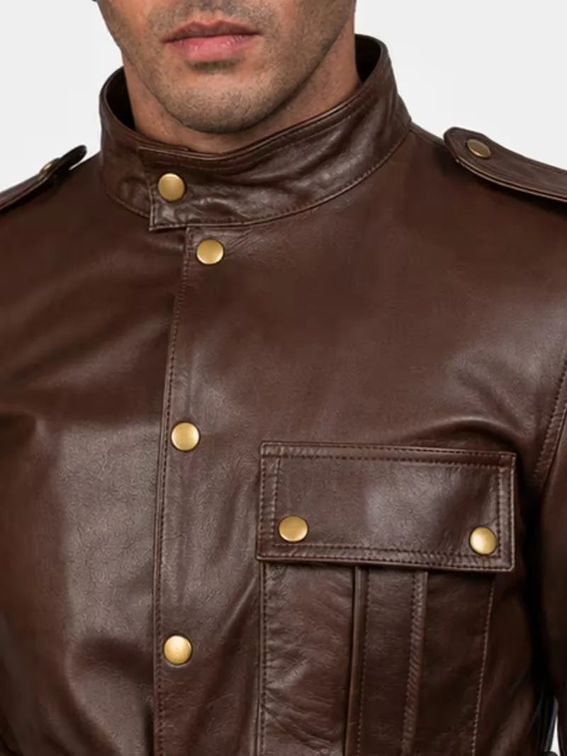 Men's black sheepskin leather jacket, worn on model