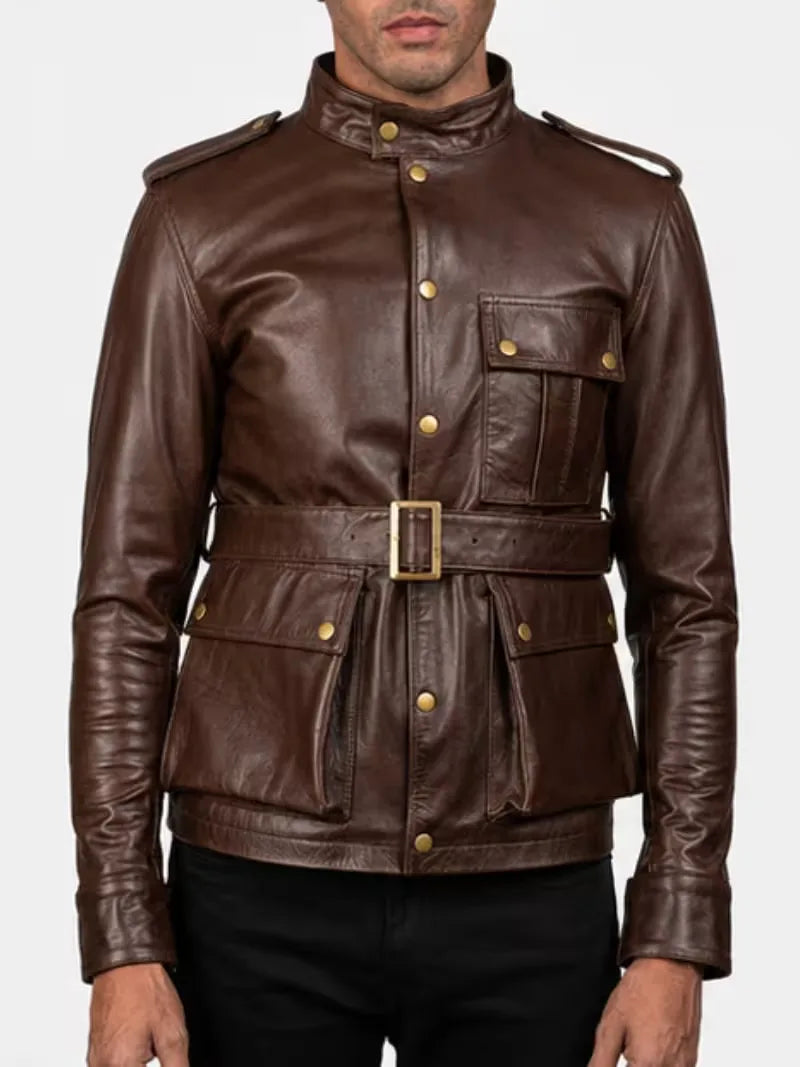 Men's black sheepskin leather jacket, full length