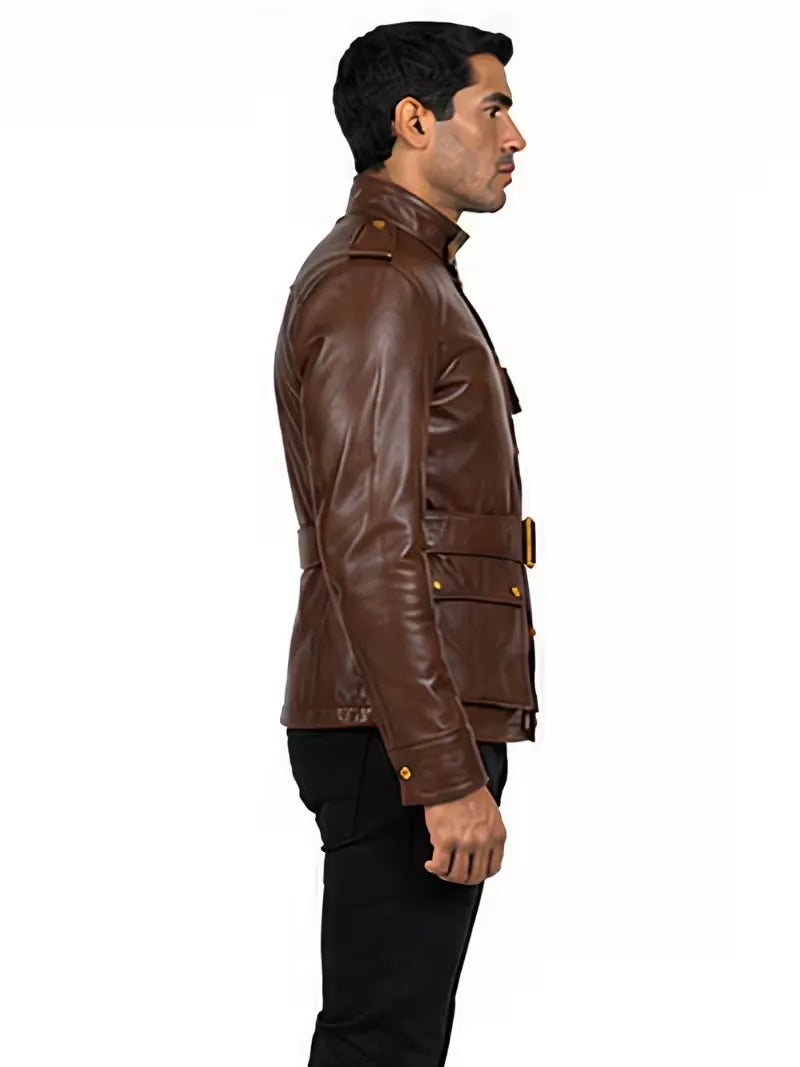 Men's black sheepskin leather jacket, lining detail