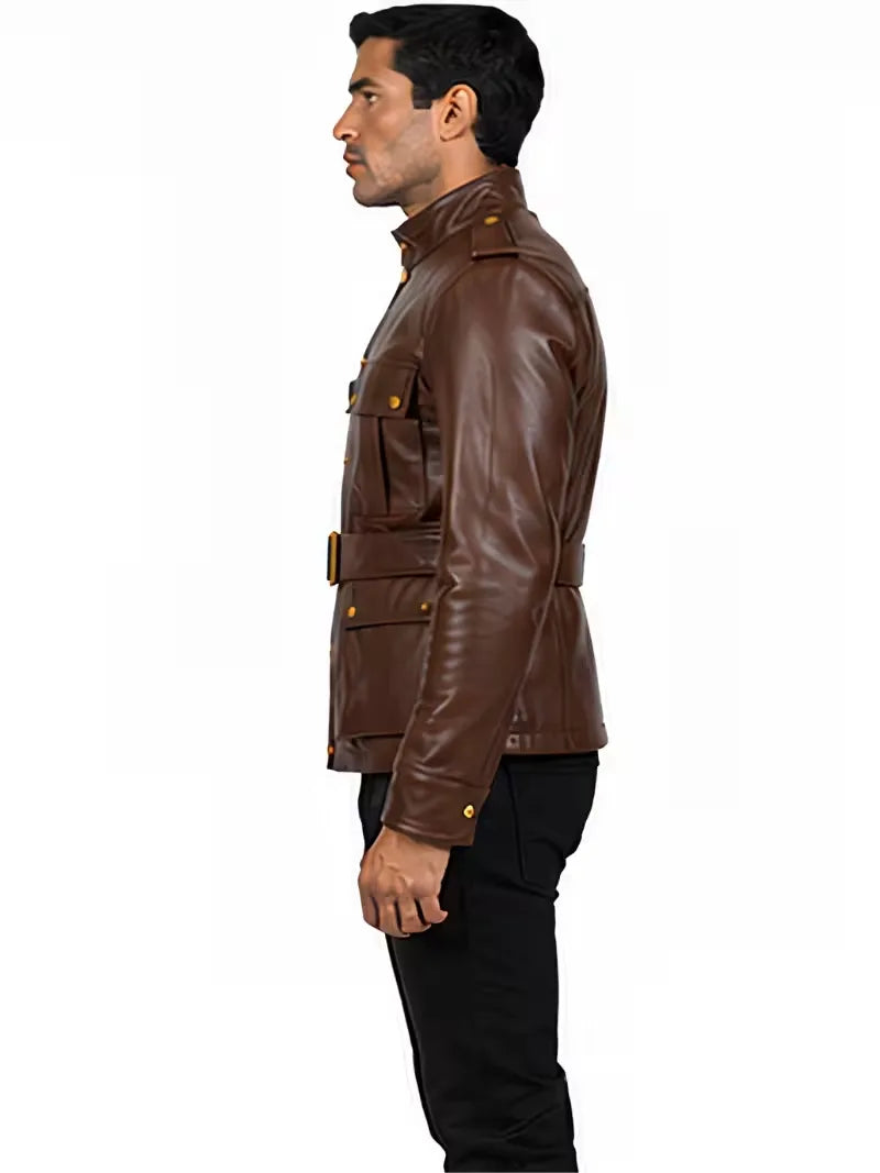 Men's black sheepskin leather jacket, pocket detail