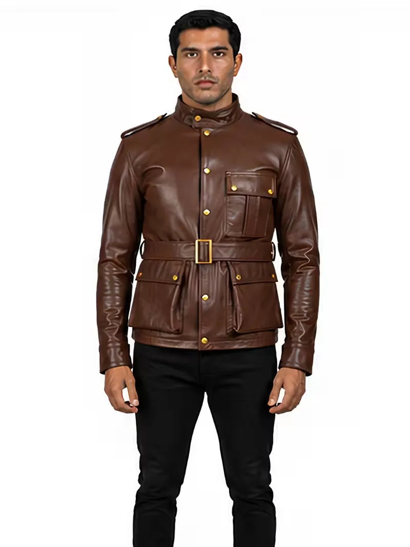 Men's black sheepskin leather jacket, zip and closure detail