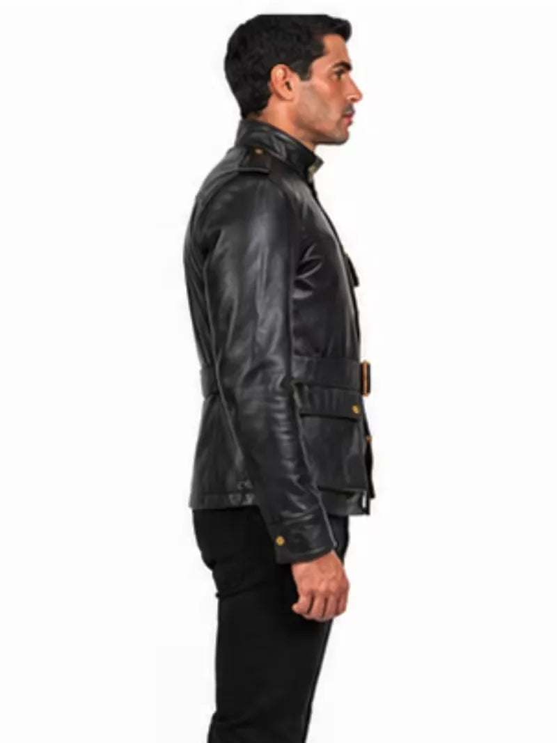Men's black sheepskin leather jacket, collar detail