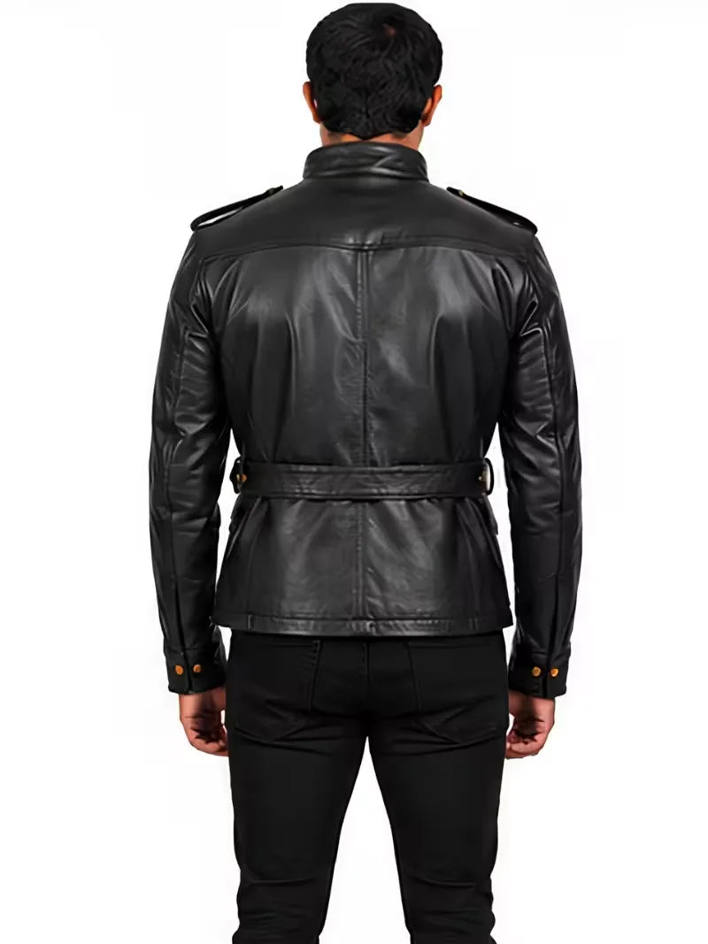 Men's black sheepskin leather jacket, back view