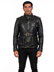 Men's black sheepskin leather jacket, front view
