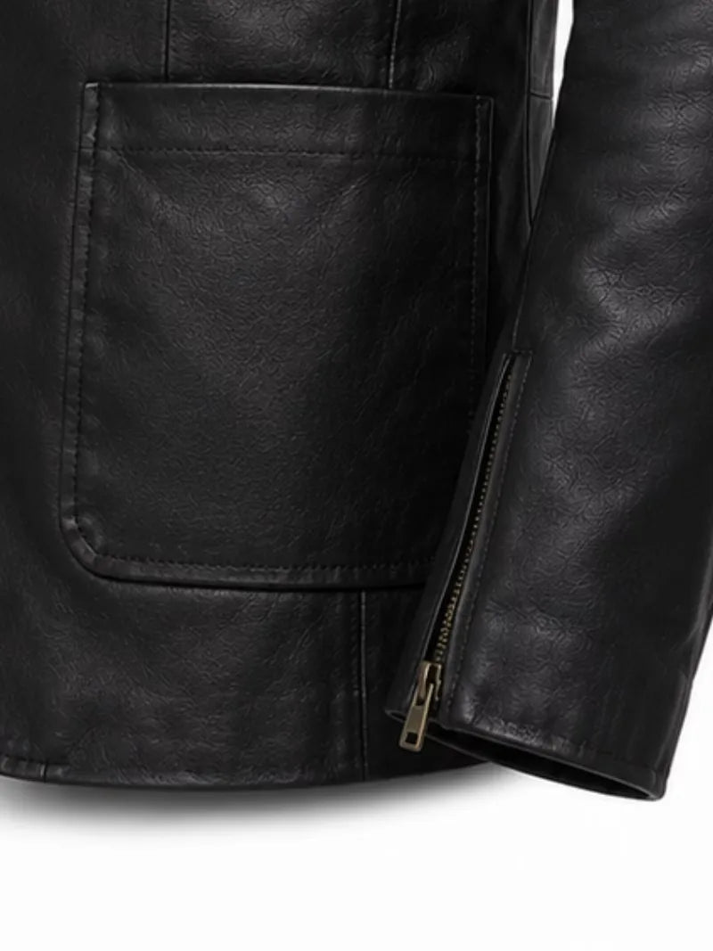 Men's black sheepskin leather blazer, lining detail