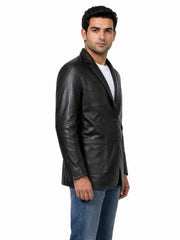 Men's black sheepskin leather blazer, collar detail