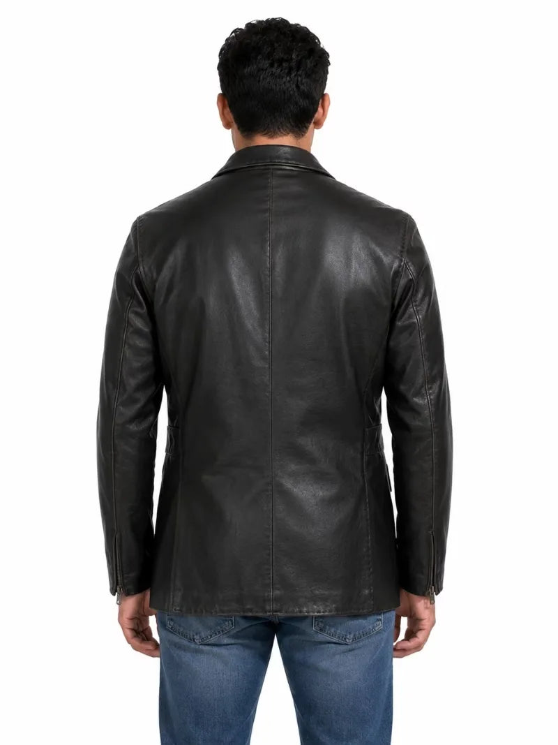 Men's black sheepskin leather blazer, back view