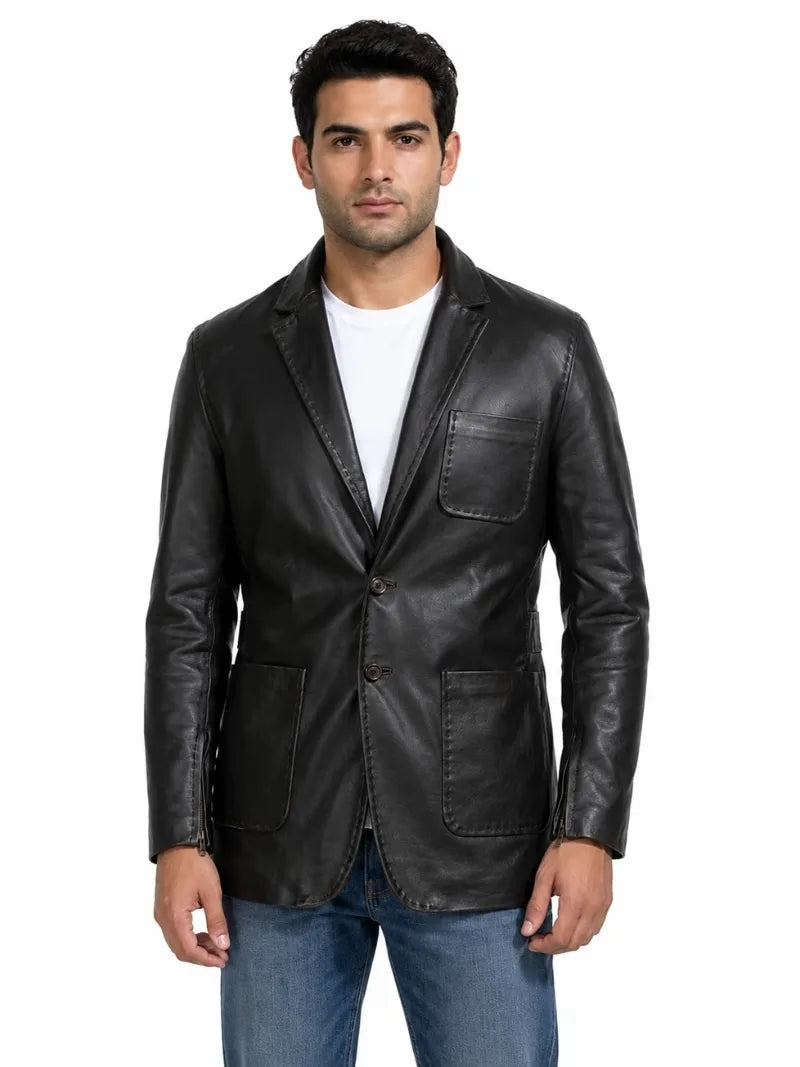Men's black sheepskin leather blazer, front view